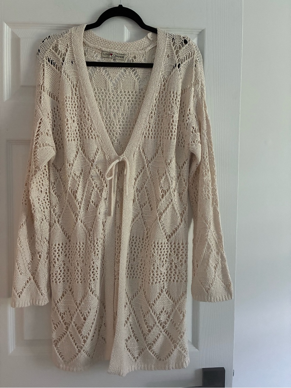 Love Change Italy Cotton Crochet Duster Cardigan  Knit Tie Front Cream L NWOT